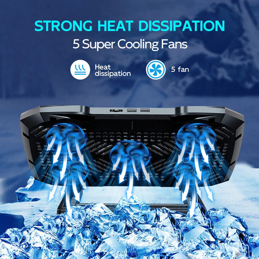 Laptop Cooling Pad with 5 Quiet Fans – Adjustable Height & Phone Holder