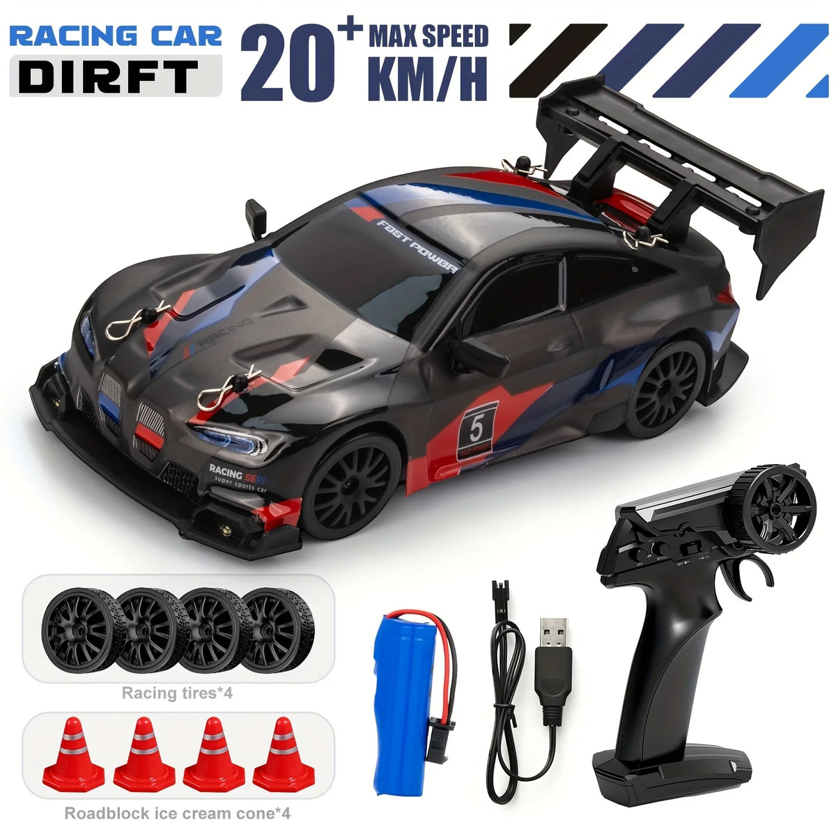 1:24 RC Drift-Auto-Set – 30+ km/h, LED-Beleuchtung, Drift-Reifen & Pylonen