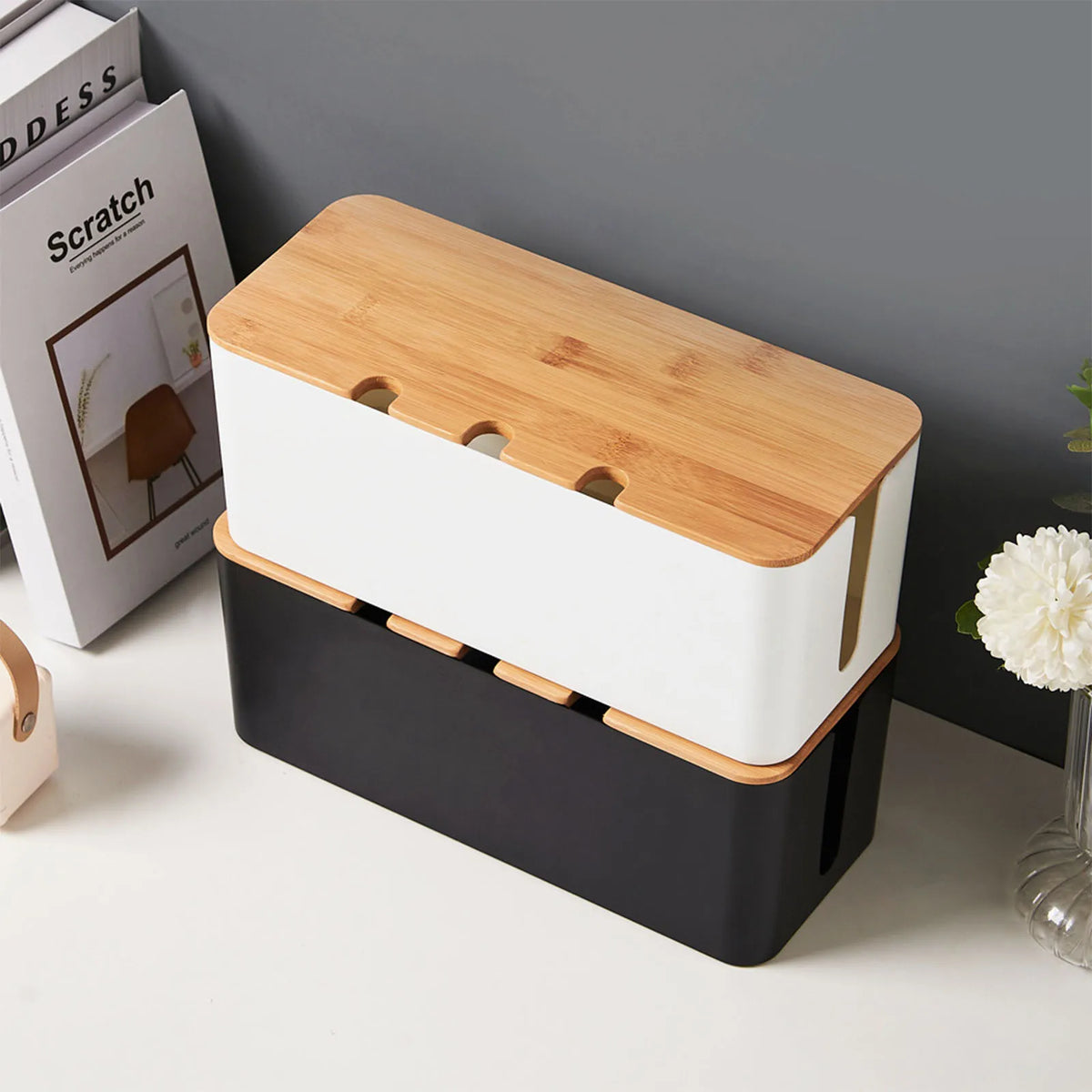 Kabelmanagement-Box mit Holzdeckel – Steckdosenleisten-Organizer