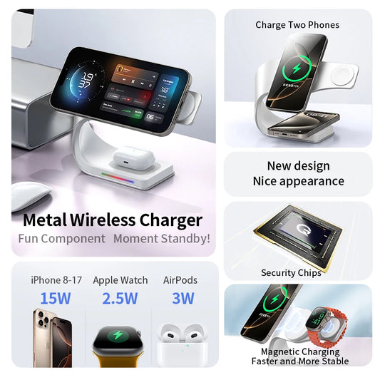 4-in-1 Magnetic Wireless Charging Stand – 15W, Premium Metal Design