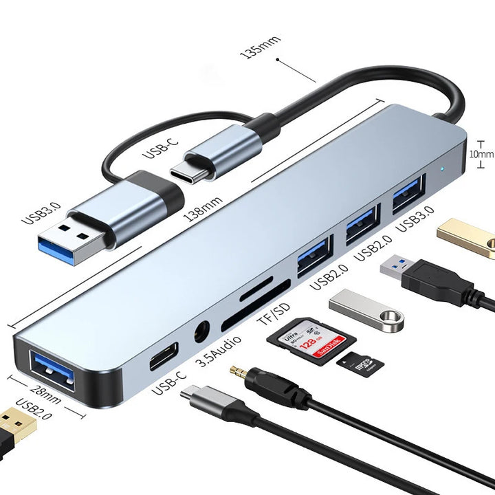8-in-2 USB-C- & USB-A-Hub mit SD/TF-Kartenleser und Audioanschluss