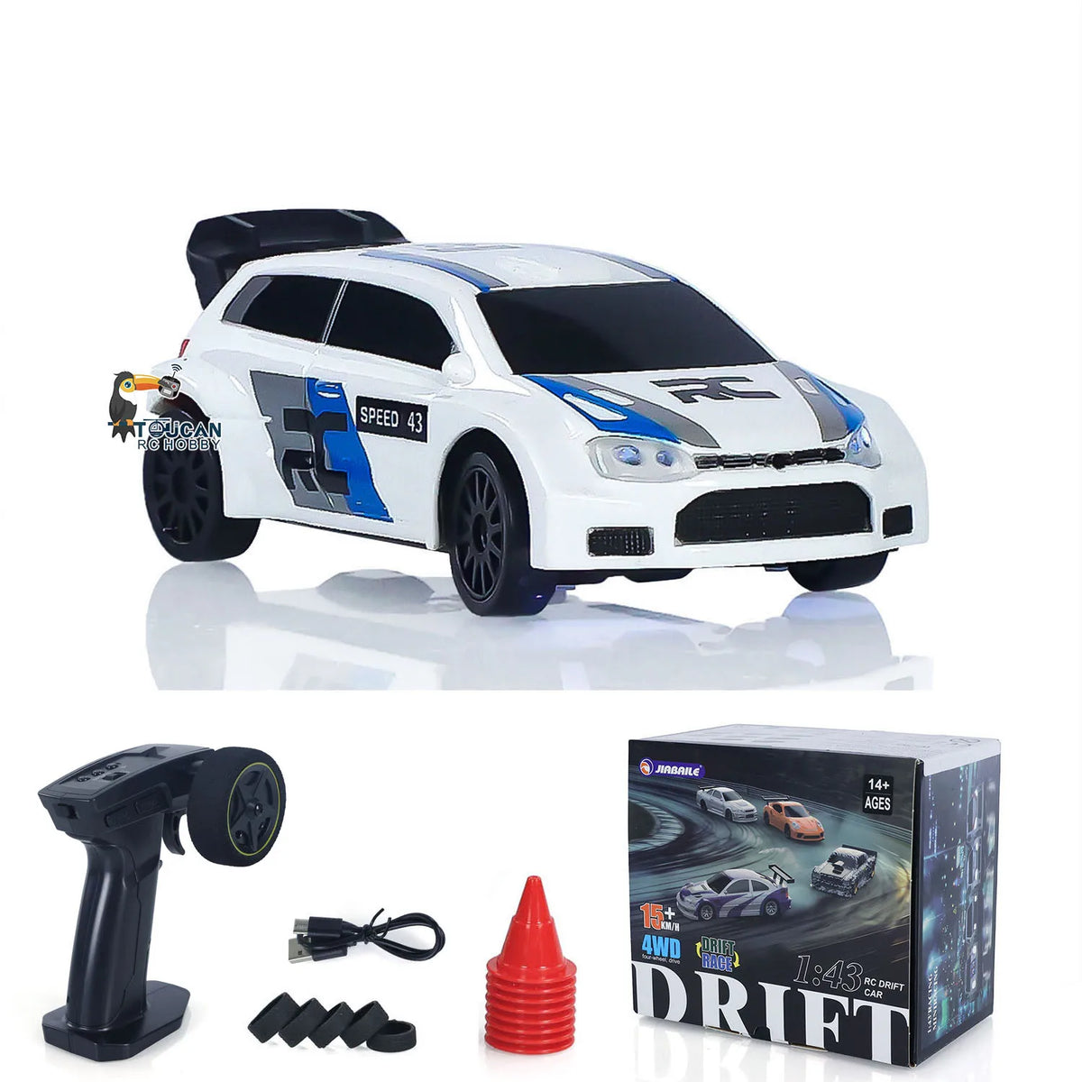 JIABAILE 4307 RC Drift Auto 1:43 mit Gyro 4WD 2,4 GHz Weiß-Blau